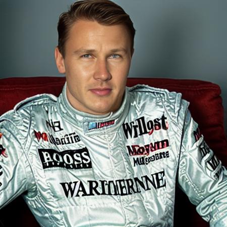 portrait of  <lora:Mika Hakkinen V0.1:0.9> sitting down on a couch, racing suit, dramatic, realistic, remote in hand, photograph, detailed, 70mm