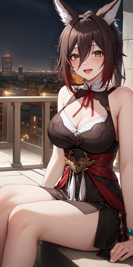 photorealistic, (hyperrealistic:1.2), (extremely detailed CG unity 8k wallpaper), (ultra-detailed), masterpiece, best quality, TingyunV4, 1girl, solo, looking at viewer, blush, smile, open mouth, cleavage, bare shoulders, ponytail, red ribbon, sitting, city alley, steps, night, <lora:TingyunV4-10:0.8>