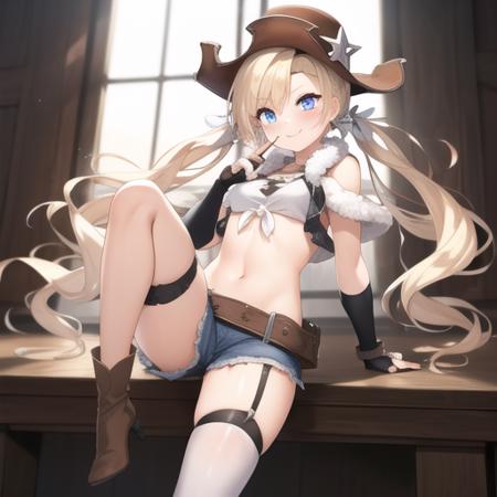 (masterpiece, best quality:1.2),illustration,8k,hd,1girl,solo,upper body,(portrait:1.2),belt,beltskirt,blonde hair,blue eyes,boots,cowboy hat,facial mark,fingerless gloves,fringe trim,garter straps,gloves,hat,high heels,holster,long hair,midriff,navel,shirt,short shorts,shorts,single thighhigh,smile,spurs,star,taut clothes,taut shirt,thighhighs,tied shirt,twintails,<lora:Colt1873>,