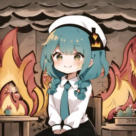 (thisisfine:1.2), (surrounded by fire:1.1), 1girl, cute, arms under breasts, 
cute expression, proportional features, no imperfections, 4k, 8k, (mint green hair:1.2), (twin_braids:1.2), white beret, (flower necktie:1.1), ribbed white shirt, slacks, perfect smile,
(greenhouse:1.3), looking up, (dappled sunlight:1.0), extremely detailed background, flowers, cactus, vines