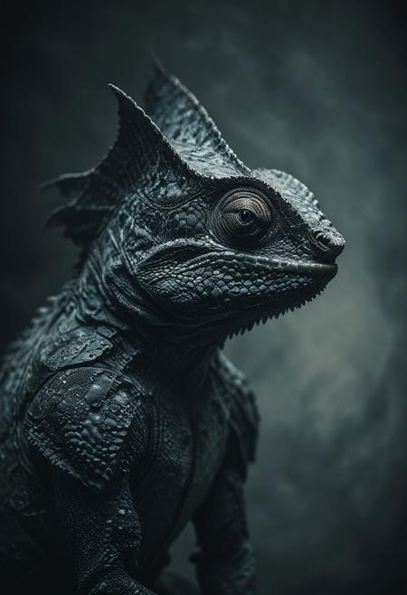 close up shot of a wild black chameleon in iron armour, large black wings, studio background, high-contrast palette, subtle grain, cinematic quality, modern art photograph, looking at viewer