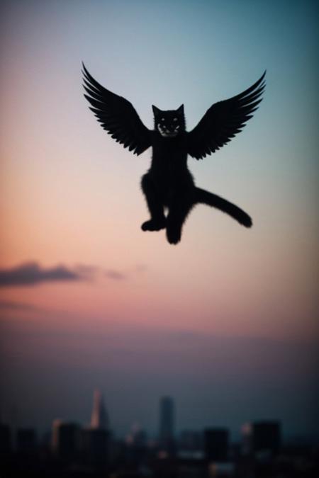 cinematic film still award winning photo .A little black cat with angel wings floating in a sky full of soft pink clouds,shallow depth of field, vignette, highly detailed, high budget, bokeh, cinemascope, moody, epic, gorgeous, film grain, grainy,anime, cyberpunk, Comic book style