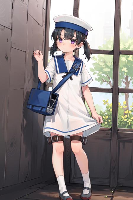 (masterpiece), (best quality), (ultra-detailed), photorealistic, (best illustration), (an extremely delicate and beautiful), 1girl, solo, sailor dress, blue sailor collar, (full body), sailor hat, kcshounan, short twintails, short hair, purple eyes, black hair, expressionless, shoulder strap, shoulder bag, (extremely detailed scenery),BREAK standing, <lora:more_details:0.15> <lora:hiburigata_nai_8:0.8>, looking up, (butterfly on head)