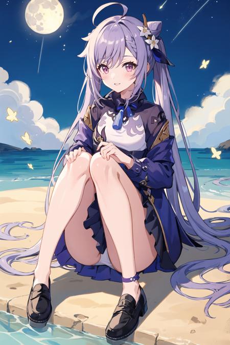 1girl, solo, keqing \(genshin impact\) ,moon, pantyhose, sky, flower, sitting, skirt, twintails, long hair, night, outdoors, black pantyhose, purple hair, looking at viewer, full moon, purple eyes, hair ornament, long sleeves, cone hair bun, night sky, shoes, black footwear, hair flower, shirt, hair bun, star (sky), bangs, bowtie, cloud, jacket, white shirt, bow, open clothes, starry sky, white flower, shooting star, blush, full body, pleated skirt, parted lips, collared shirt, smile, open jacket, loafers, water, white jacket, breasts, very long hair, ahoge, black skirt, leaf,  <lora:keqingGenshinImpactLora_v10:1>