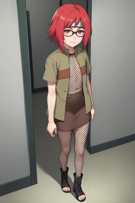 KarinUzumakiGEXL, black glasses, red eyes, red hair, short hair, bangs, sidelocks, forehead protector, flat chest, open shirt, shirt, short sleeves, fishnet top, brown skirt, fishnet thighhighs, black footwear, toeless footwear