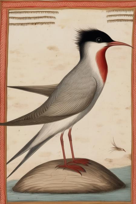 <lora:Mark Catesby Style:1>Mark Catesby Style - a colour drawing of an arctic tern, from a 17th century Indian Moghul manuscript