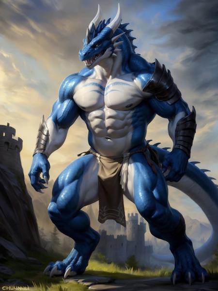 uploaded on e621, (male anthro dragon), standing, solo, muscle, detailed scale texture, old castle, (battlefield), (tribal clothing, ((long loincloth))), (shoulder armor, leg armor), blue body, white belly, dawn, shaded, dim environment, (art by chunie, (drakgem), ((rakisha)), (kontanagamori)), (front view), looking pleasured, [simple background], detailed pupils, masterpiece artwork, caustics, rim lighting, single light source, sharp shadows, solo portrait, (digitgrade, toe claw), (kemono), by inessa garmash, greg rutkowski, pino daeni, ruan jia