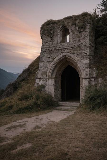 raw photo, a sunset landscape, oregon mountains, forested cliffs, cozy, photorealistic, Towering Stone gateway entry into the side of cliff, dwarven, high fantasy style, high detailed texture, 8k uhd, dslr, soft lighting, high quality, film grain, Fujifilm XT3, Sony A7 IV, highly detailed photography, (muted colors, cinematic, dim colors, soothing tones:1.2), vibrant, insanely detailed, hyperdetailed, (dark shot:1.2), (vsco:0.3), (intricate details:0.9), (hdr, hyperdetailed:1.2) (highest coherency: 1.39) (highest quality: 1.39) (rule-of-thirds) (award-winning) (masterclass) (highest resolution: 1.39)