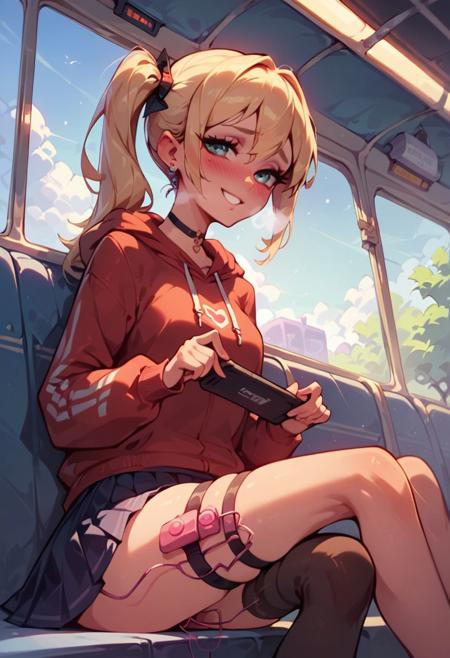 score_9, score_8_up, score_7_up, girl sitting at bus seat, heavy breathing, vibrator strap, thigh strap, singular vibrator controller, wire going underneath the skirt , skirt, stockings, hoodie, shy smile, presenting self, public transport, skinny, pervert
