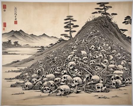 (hundreds of disarticulated and scattered human bones have been piled high on a dusty empty battlefield:1.5), (the bone pile is shaped of a large truncated cone:1.3), the bone pile is centered in the image, (disarticulated skeletons:1.3), mixed, haphazard, femurs, disarticulated ulna, disarticulated radius, disarticulated ribs, macabre, memento mori, BREAK,
intricate details, hyper detailed, sharp lines, bold lines, ink on parchment,  [Muromachi zen style], [ukiyoe  style],
monochrome, monochromatic,  Japanese writing,
