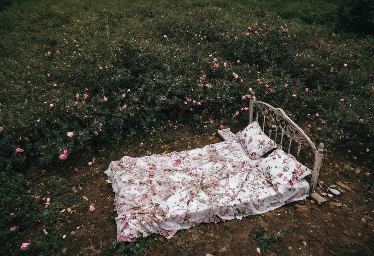 leica m3, 35mm Voigtlander lens, Portra 160/400, photo of A demolished abandened destroyed pristine royal bed with exquisite silk linens set found inside   in the middle of a peony field..  drone camera view from distance,high contrast, midnight, National Geographic cover