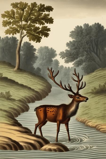 <lora:Mark Catesby Style:1>Mark Catesby Style - 103680. An illustration by Mark Catesby. An illustration of a stag crossing a babbling brook, the movement of the water contrasting with its graceful stride.