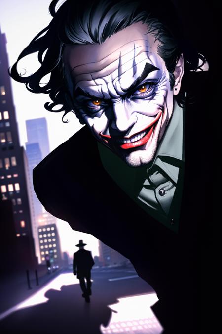 masterpiece of photorealism, highly detailed photorealistic 8k profesional raw photography, best quality, volumetric real time lighting and shadows, the joker in aggressive pose through streets of new york , crazy smile, mentally disturbed