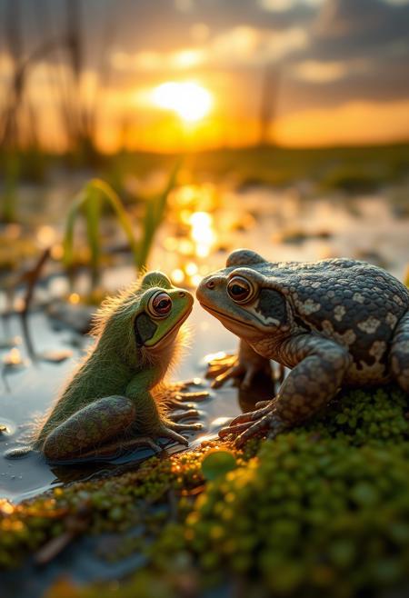 A fuzzy green frog meets a brown toad at the edge of the swamp, frog is furry and cute, toad has mottled brown skin, greens and browns, warm sun, dramatic sunrise