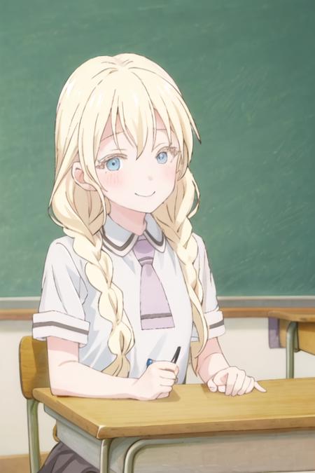 best quality, masterpiece, highres, solo, {olivia_asobiasobase:1.15}, blonde_hair, long_hair, blue_eyes, necktie, indoors, 1girl, blush, braid, closed_mouth, looking_at_viewer, shirt, smile, white_shirt, bangs, collared_shirt, hair_between_eyes, outdoors, school_uniform, short_sleeves, upper_body