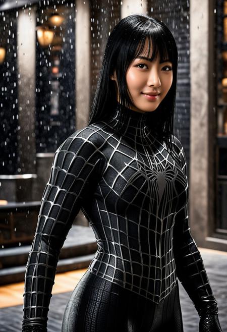 score_9, score_8_up, score_7_up, best quality, realistic, masterpiece, beautiful detail, hyperrealistic, cafe, ((1girl, woman body, huge breasts)), amazing detailed full body portrait of a beautiful japanese girl, wearing a realistic and highly detailed black raimi spider-man suit, ((huge muscular girl)), professional model wears ultra - detailed black raimi spider - man suit, ultra - detailed and grained black raimi spiderman suit, suit covered entire body and hand, black spiderman gloves, wet, (full body), (chilling pose), smile, black hair, octane render, highly detailed, volumetric, dramatic lighting, (highest quality:1.1), (HDR:1.3), (top quality, best quality), realistic, high definition, Expressionism - sharp focus, professional photography, masterpiece, ultra detailed photograph, high quality, 8k,