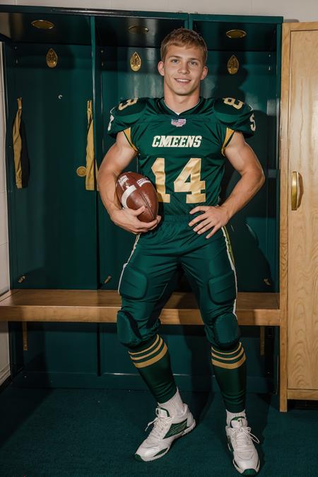 In an American football locker room, (sitting on a locker room bench), legs spread open, ChadLogan is a (American football player) wearing (((green color jersey))), ((shoulder pads)), ((jersey number 14)), (((green football pants and pads))), ((gold socks)), (long socks), (green sneakers), slight smile, highly detailed, sharp focus, high skin detail, photorealistic, masterpiece, (((full body portrait))), (full body), wide angle, (high face detail),  <lora:ChadLogan:0.8>