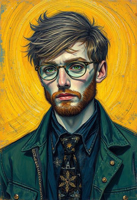 A vibrant post-impressionist portrait in the style of Vincent van Gogh, featuring [young man with dark blond grunge hairdo, aviator glasses, green eyes, Slavic appearance] wearing [green jacket, black shirt, tie with Rorschach test], with expressive brushstrokes, swirling background in warm yellows and deep blues, thick textured oil paint, visible impasto technique, starry night sky elements, masterpiece