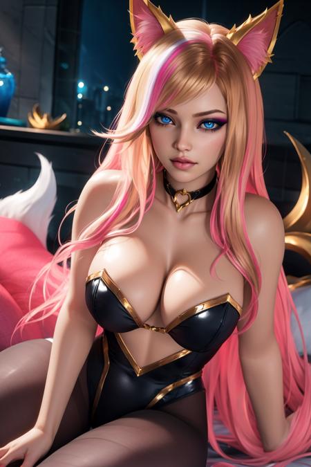 (masterpiece, best quality:1.2), intricate details, 1girl, animal ears, k/da (league of legends), pantyhose, blonde hair, cleavage, leotard, ahri (league of legends), fox ears, makeup, long hair, crystal, looking at viewer, bare shoulders, hair ornament, sitting, eyeshadow, multicolored hair, choker, lips, large breasts, blue eyes, strapless leotard, pink hair, thighs, realistic, (mature female:1.2),  <lora:A3D_Beta:1>