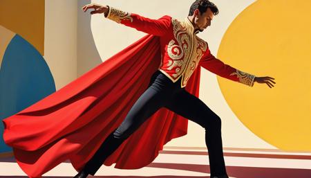 dramatic matador in ornate gold-embroidered jacket, tight black pants, looking down to his left with intense concentration, red cape swirling dramatically around him, graceful dancer-like pose, one arm extended holding cape, body twisted in elegant motion, traditional Spanish bullfighter outfit,, vibrant acrylic painting style, bold flat colors, clean geometric compositions, bright California sunlight, crisp shadows,  saturated color palette, smooth gradients, minimal detail work, contemporary pop art influence, architectural precision, optimistic 1960s atmosphere,