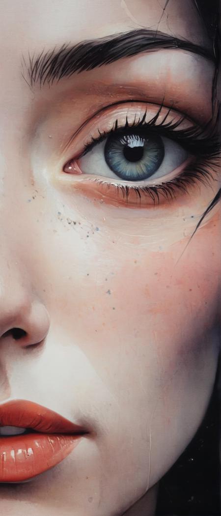 Conrad Roset, watercolor, dark, dark textured background, side view, closeup of eye, eyes closed, vivid colors, <lora:add-detail-xl:0.8>