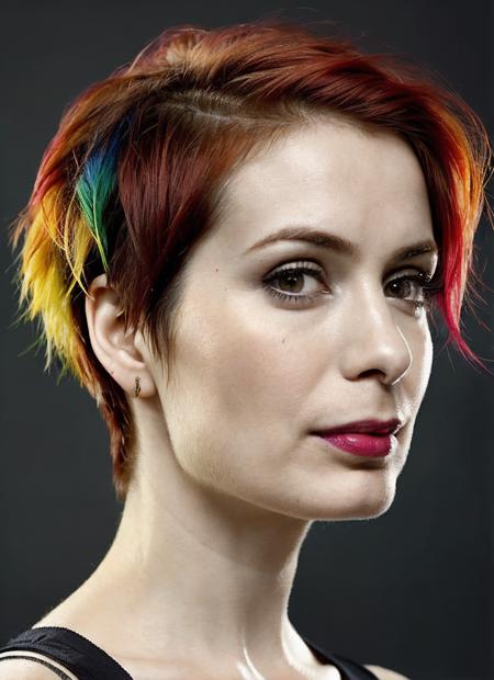 portrait of sks woman by Flora Borsi, style by Flora Borsi, bold, bright colours, rainbow Mohawk haircut, ((Flora Borsi)), <lora:locon_felicia_v2_from_v2_64_32:1>