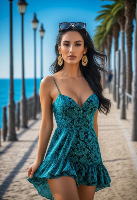 photo of beautiful italian  woman, Beach promenade    ,black hair     ,seductive,     earrings ,with black sunglasses on top of head     ,short dress       ,          ,masterpiece) (best quality) (detailed) (8k) (HDR) (wallpaper) (cinematic lighting) (sharp focus) (intricate)