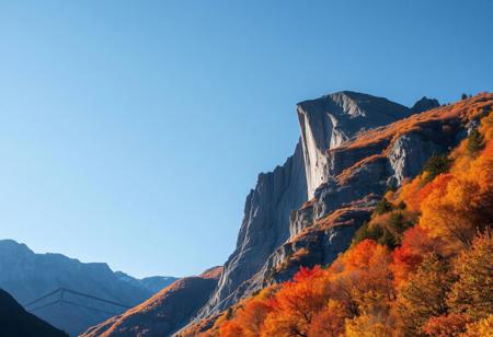 Award-winning photography, towering mountain peak, autumn scenery with vibrant fall colors, clear sky with no clouds, crisp atmosphere, golden and red leaves, sharp mountain textures, dramatic sunlight, wide-angle shot, professional composition, serene and peaceful.