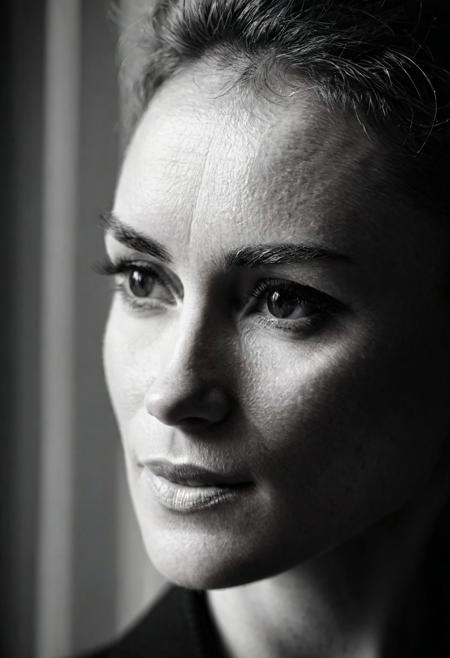 Close-up portrait of a woman, side-lit with dramatic shadow play, high-contrast black and white, soft-focus edges, Canon RF 85mm f/1.2L, ISO 100, f/2, 1/200 sec, natural light through blinds, moody, introspective expression, fine details, high-definition, shadow texture on skin. fluff on skin