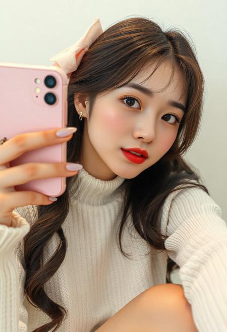DSLR-style, glamorous and elegant 26-year-old Korean model, extremely milky white skin with porcelain glow, smooth and luminous, flawless soft matte finish with light reflecting quality, Korean idol skin tone, subtle gradient from center to jawline, extremely pale white skin, parted lips, masterpiece, ultra high-resolution  
<lora:NOOB_vp1_detailer_by_volnovik_v1:1>  
barely visible pores, uniform soft tone, studio-lit skin, full body
21yo pretty korean model, amateur selfie, tight and firm body, tight short dress, long socks, Best quality, realistic, Looking at the camera, fresh face, beautiful dark eyes, long eyelashes, high prominent cheekbones, olive skin, flirting, wavy brown hair, full lips, slim and petite, very detailed, ((shiny skin)), futa, bulge, oversized sweater, big pastel pink bow at the back of the head, dynamic pose, high white socks, sitting, take a selfie with a pastel pink phone,masterpiece, best quality, newest, absurdres, highres, anime, anime style, curled-toes-IL.V1.0, toe scrunch, curled toes soles, 1girl, Nico robin/(one piece/), black hair