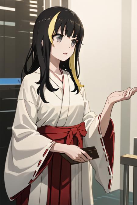 best quality, masterpiece, highres, solo, {white kimono:1.35}, {red hakama:1.35}, {wide sleeves:1.20}, {tsubaki_ando_shirobako:1.15}, black_hair, multicolored_hair, streaked_hair, blonde_hair, long_hair, bangs, black_eyes, grey_eyes