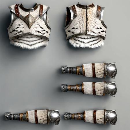 hyper-realistic, Realism, HDR, detailed, viking style, human armor made of white tiger skin, simple gray background