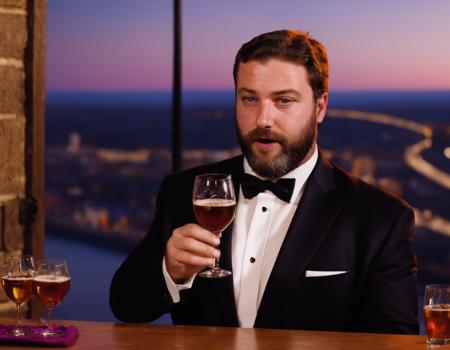 <lora:XL_sargon_v1:1>, 1boy, male focus, solo, facial hair, realistic, beard, suit,  upper body, man giving toast at bar