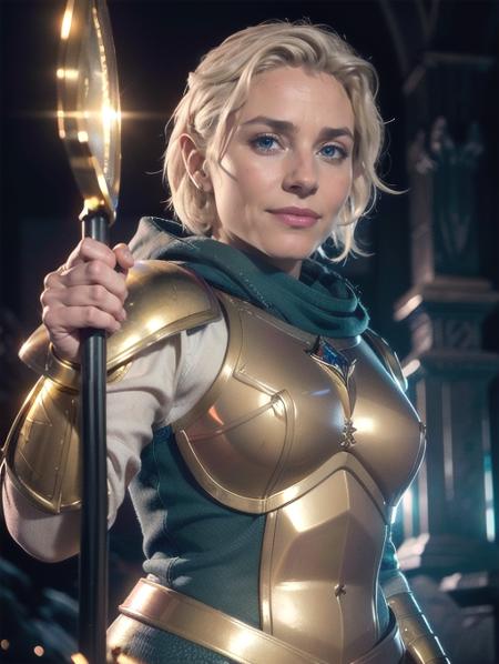 Pike trickfoot, cleric robes, smiling at viewer, standing in fantasy town, (8k, RAW photo, best quality, masterpiece:1.2),ultra-detailed, (high detailed skin:1.2), 8k uhd, dslr, soft lighting, high quality,   <lora:Pike_Trickfoot_Vox_Machina_v1:0.65>