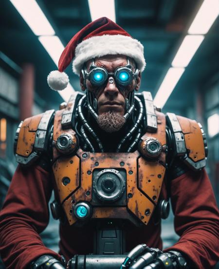 cyborg santa, cyberpunk, rust, epic, Fujichrome Provia 100F, F/8, RTX, photolab