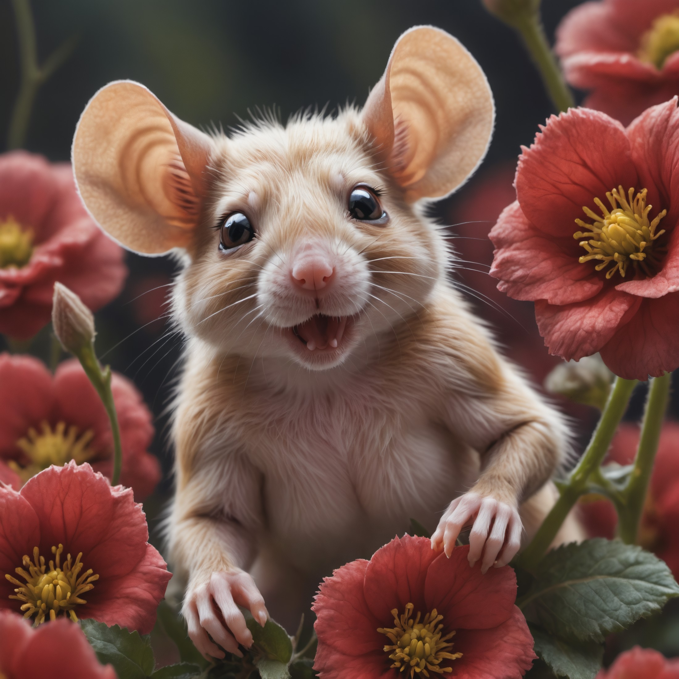 ais-flowery, a small rodent peeking out of a red flower, a microscopic photo by Wendy Froud, shutterstock contest winner, ...