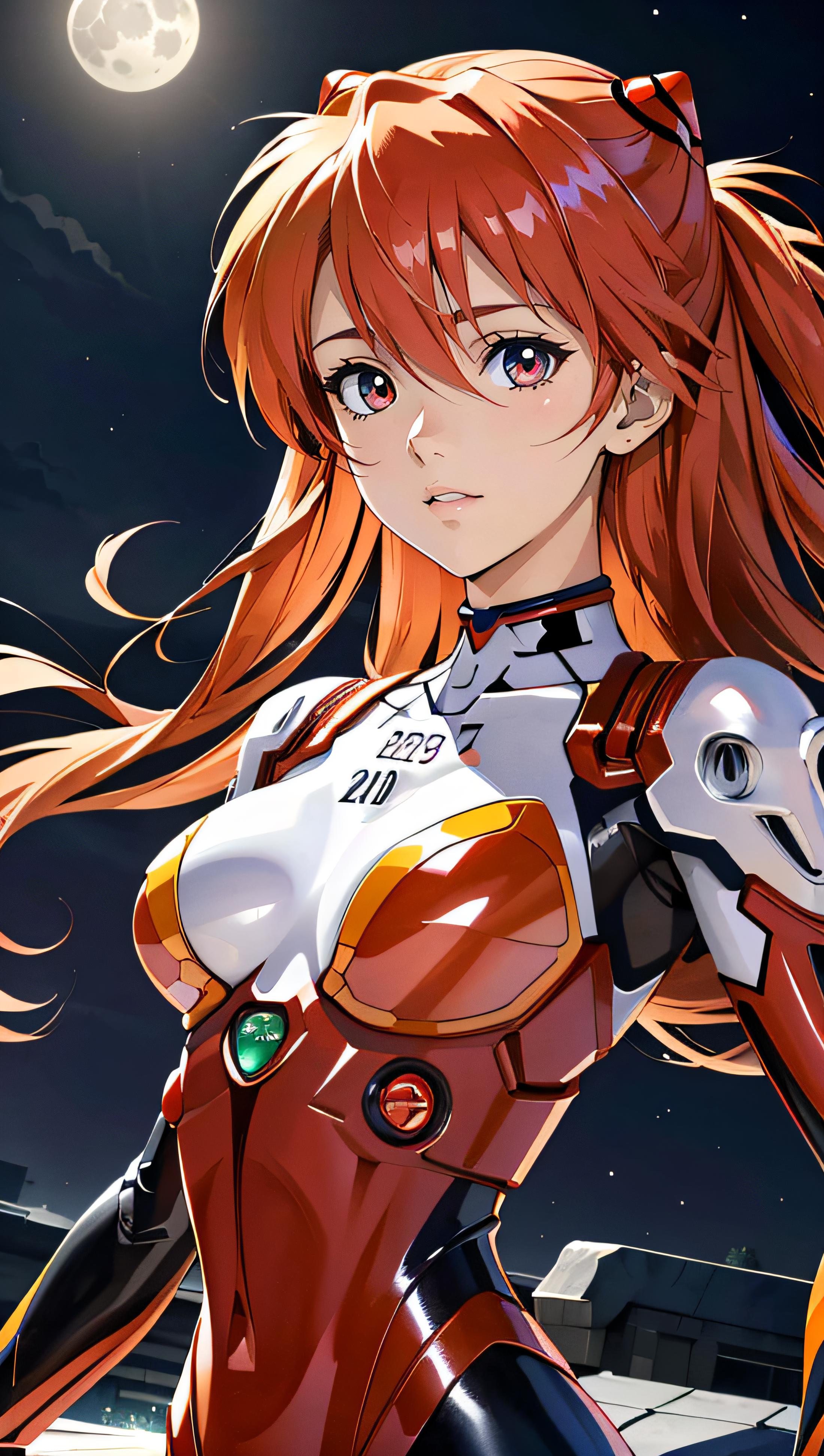 Anime character with red hair and a green button on her chest.