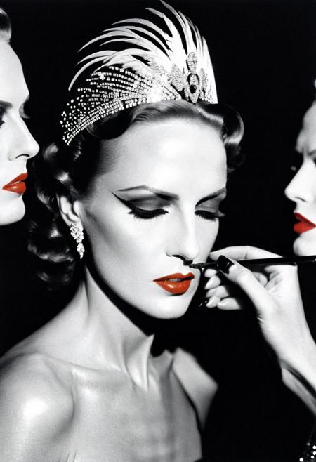Photo by <lora:HELMUTNEWTON-000001:1> HELMUTNEWTON, photographer,  Close-up, High Key Lighting ,Fujifilm Provia 100F, “Cabaret Glamour”: Backstage at a burlesque show, a dancer adjusts her feathered headpiece. Sequins, red lipstick, and smoky eyes create an aura of sensuality. ,, fashion editorial photography, high-fashion imagery, avant-garde aesthetics, editorial storytelling, conveying fashion trends and concepts, artistic interpretation, expert styling, professional lighting, capturing fashion-forward visuals, creating visual impact, evoking emotion, pushing creative boundaries