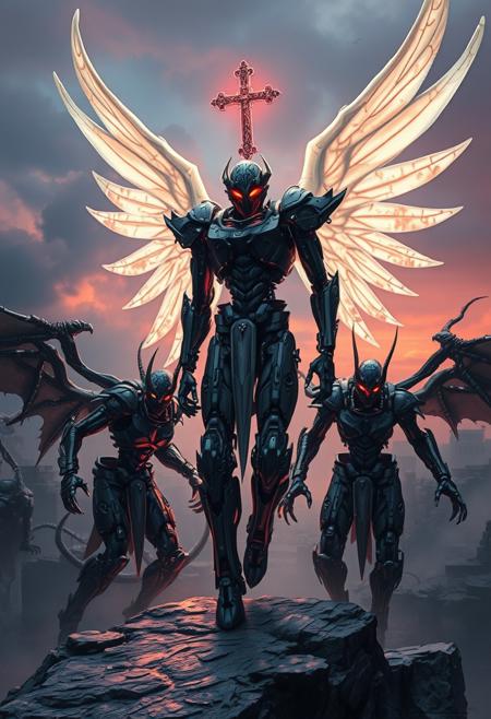 In the biomechanical twilight, a non-catholic  high shaman-machine observes the eternal war. Angelic constructs with bone-white wings clash against demons of living obsidian. Heaven's gates: a labyrinth of flesh and metal. Hell's maw: a pulsating abyss of twisted forms. Souls morph endlessly, caught between light's caress and shadow's grasp. Celestial harmonies battle demonic static. Archangels in exoskeletons of sinew and steel face lords of sin draped in writhing darkness. Hope flickers in neural pathways as despair corrodes. Faith: a virus piercing night's code. Virtue's cyborgs resist the allure of corrupt data. Each consciousness must choose: ascend to digital nirvana or descend into analog chaos. In this surreal spectrum of existence, which reality will your quantum soul inhabit? And no cross on the head