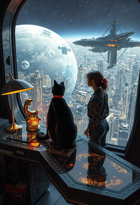A sleek black cat with red collar sits on a cluttered metal riveted desk with transparent top and micro-LED lighted computer components visible inside, On the desk is a gold and lacquer maneki neko statue and an art deco glass and metal lamp, the Black Cat is looking out of a seamless and futuristic floor to ceiling window that looks out at a planet from low orbit, the planet is covered with the lights of enormous buildings and cities, a beautiful woman, 24 years old, is standing next to the desk the cat is sitting on and looking longingly out the window, the woman is dressed in an ornate Japanese style shirt and elegant leather pants with an ornate design. An enormous deco starship with futuristic lighting and an enormous space station are visible in the background among the stars, The woman's hair is messy from just waking up and tied up with a ribbon.  Artistic art deco, dynamic perspective, overall architectural aesthetic is Art Deco Cyberpunk.  Epic image that elicits a feeling of wonder and awe,