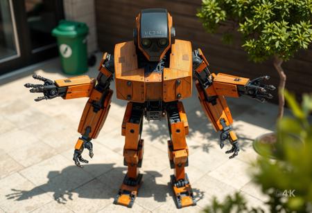 A large, imposing biorobot, meticulously constructed from textured wood and aged metal, dominates the center of the frame. Its body is a vibrant, multi-colored mix of orange and brown hues, contrasting sharply with its stark black head. Standing tall on a weathered concrete patio, its substantial form casts a dynamic shadow. The robot's arms are outstretched, poised as if ready for immediate action, while its legs are spread wide in a powerful stance of readiness. In the slightly blurred background, a vivid green trash can and a sturdy tree stand, adding elements of the ordinary to this extraordinary scene. The composition is impeccable, with the robot as the clear focal point, utilizing a creative angle and intentional focus. This is a high-res, 4K photographic render with Exceptional Quality and Lifelike Details. Super Detailed Face and Eyes, although a robot, show mechanical precision and detail. Handcrafted with Precision, High Quality, Contemporary Aesthetics, Impeccable Composition, Attractive Background, Balanced Editing, Well-timed Moment, Dynamic Action Pose, Captivating Lighting. CGSociety, Artstation Trending on ArtstationHQ. Golden Ratio applied. No text.