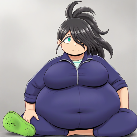 alakshmi, fat, ponytail, hair covering one eye, messy hair, jumpsuit, plump, round belly, huge breasts, thicc, black hair, crocs, diety_darkskin_whitehair_longhair_horns_thongbikini_thighhighs_toelesslegwear_choker_fingerlessgloves_choker