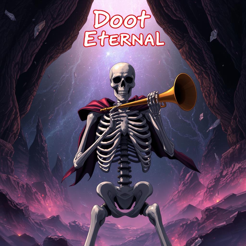 anime screencap of a skeleton holding a trumpet in the middle of the abyss, with the words "Doot Eternal" above its head