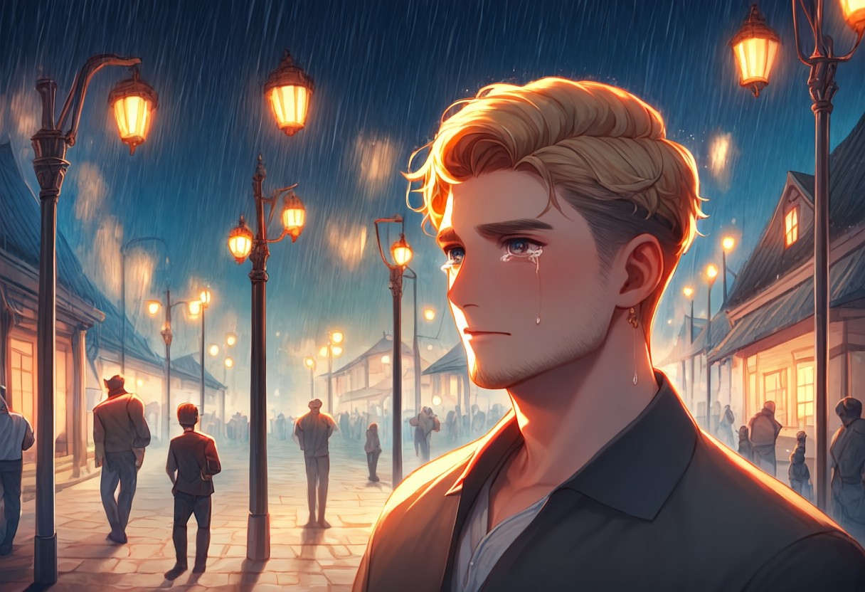 score_9, score_8_up, score_8. score_9, score_8_up, score_7_up, masterpiece, 4k, high quality, (best quality:1.1),anime, beautiful drawing, On a somber, rain-soaked street, a heartbroken man gazes up at the sky, tears mingling with raindrops as he contemplates what lies ahead. The scene comes to life with vivid hues and emotions, capturing the raw vulnerability of the moment. In this evocative painting, the man's disheveled appearance and pained expression are highlighted by the gentle glow of streetlights reflecting off wet pavement. The viewer is drawn into the melancholic atmosphere, feeling the weight of the man's sorrow and uncertainty in the beautifully rendered image.On a somber, rain-soaked street, a heartbroken man gazes up at the sky, tears mingling with raindrops as he contemplates what lies ahead. The scene comes to life with vivid hues and emotions, capturing the raw vulnerability of the moment. In this evocative painting, the man's disheveled appearance and pained expression are highlighted by the gentle glow of streetlights reflecting off wet pavement. The viewer is drawn into the melancholic atmosphere, feeling the weight of the man's sorrow and uncertainty in the beautifully rendered image.