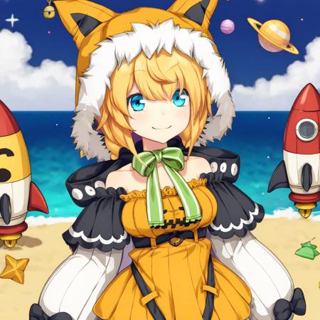 yoimachimaharo, hood, blue eyes, bell, blonde hair, upper body,bare shoulders, animal hood, 1girl, Hawaii, beach, sunny, smile, (toys, rocket, space, earth:1.3),
