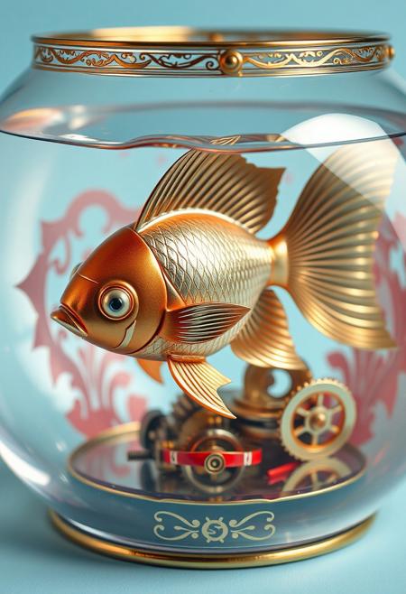 "Illustrate a vibrant, hyper-realistic image of a mechanical windup toy goldfish in its fishbowl, with intricate details and textures that seem to leap off the page. The goldfish is a beautifully crafted, mechanical toy with shimmering metallic scales and a delicate, gear-driven tail that seems to flutter with life. The fishbowl is a colorful, ornate container with intricate etchings and a delicate, filigree-style lid. The surrounding water is crystal clear, with subtle ripples and distortions that seem to reflect the light in a mesmerizing dance. The mechanical workings of the windup mechanism are visible, with delicate gears and springs that seem to pulse with energy. The overall effect is one of whimsical, nostalgic charm, as if the mechanical goldfish is a beloved childhood toy come to life." highest-Quality, intricate details, visually stunning, Masterpiece