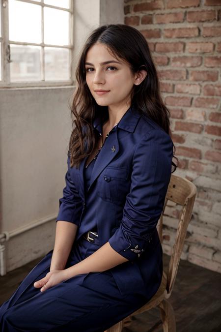 wearing a business suit, cadet blue blouse,  birthday party  <lora:Monica1873Bar:1> a woman, m1873b, solo,
