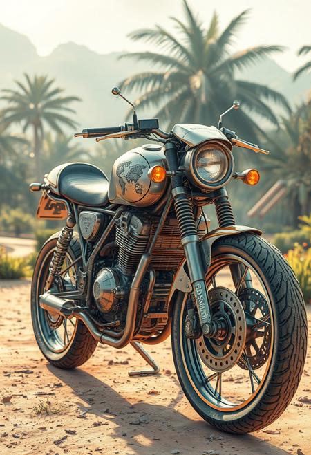 A hyper-detailed sci-fi motorcycle, where each component is precisely rendered with mathematical engraving techniques, whimsical surrealism, romantic naturalism, emotional exaggeration, atmospheric stillness, expressive character design, humorous tension, luminous landscapes, tropical flora, delicate realism, visual irony, poetic absurdity, soft lighting, narrative intimacy, serene settings with playful disruptions