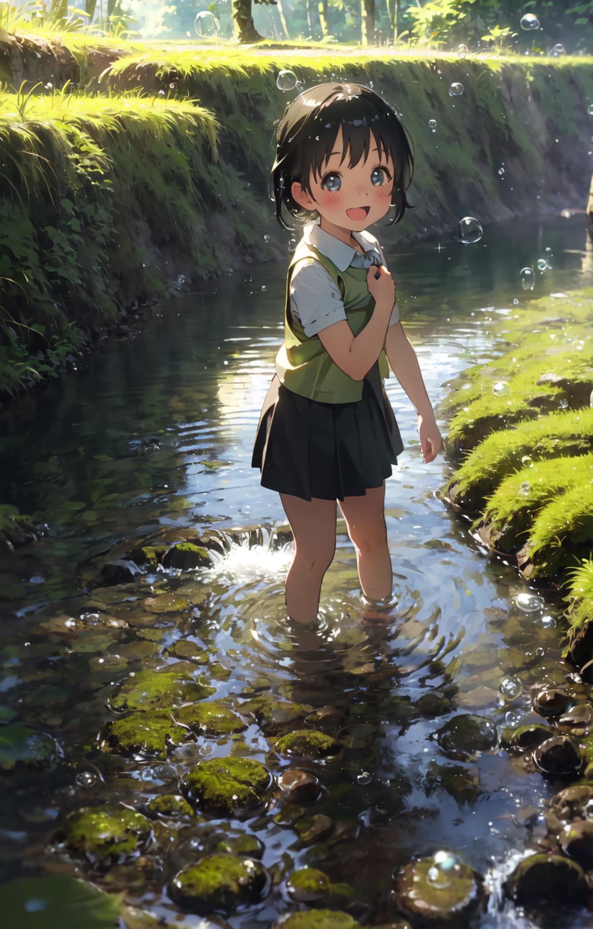A young girl wearing a white shirt and a green vest is standing in a stream of water.