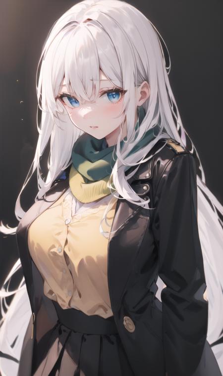 finely detail, Depth of field,best quality, illustration,highres,intricate detail, an extremely delicate and beautiful,
1girl,solo,
,long hair, white hair,disheveled hair,(blue eyes:1), breasts,
(black jacket:1.05),open jacket,
black sleeves,shirt, (yellow shirt:1.2),black skirt,
green scarf,
 <lora:touhouIdeal_Realm_nameless_koishi-_ä¸»è§æ_ä¸æ¹çæ³ä¹¡:1.1>